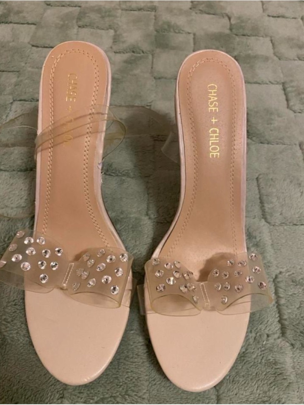 Chase + Chloe Nude Clear Bow Slide Sandals with Crystal Accents